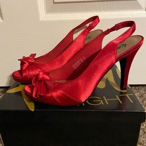 Red Satin Open Toe Heels